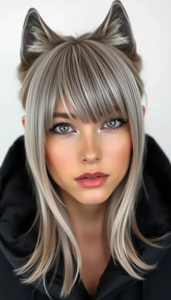 Ash Gray Wolf Cut with Curtain Bangs