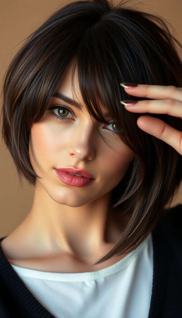 Brunette Wolf Cut with Curtain Bangs
