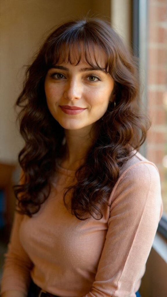 Long Curly Hair with Curtain Bangs