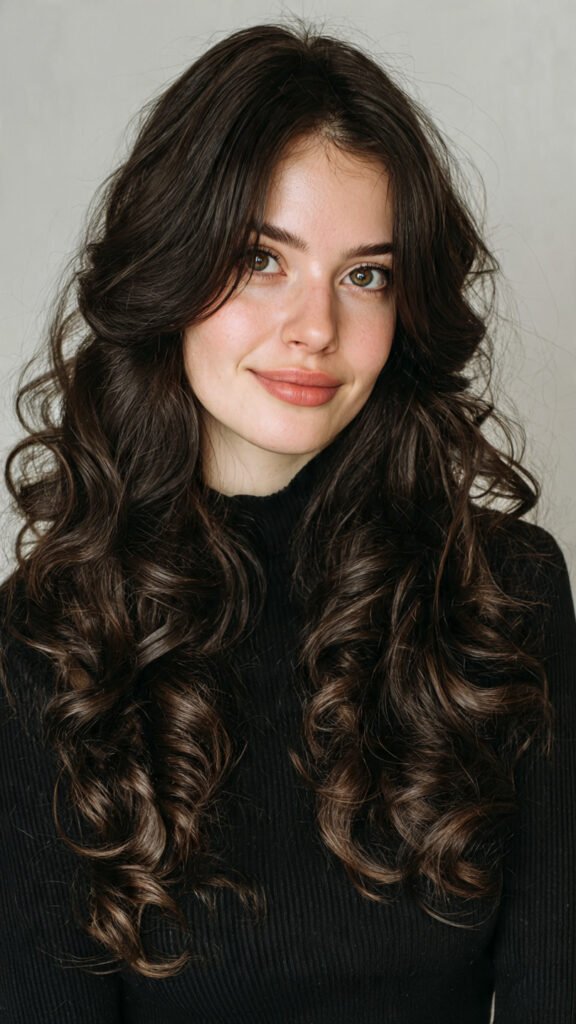 Long Hair with Curtain Bangs and Loose Curls