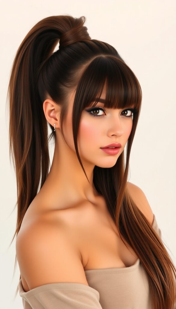 Long Hair with Curtain Bangs and Ponytail