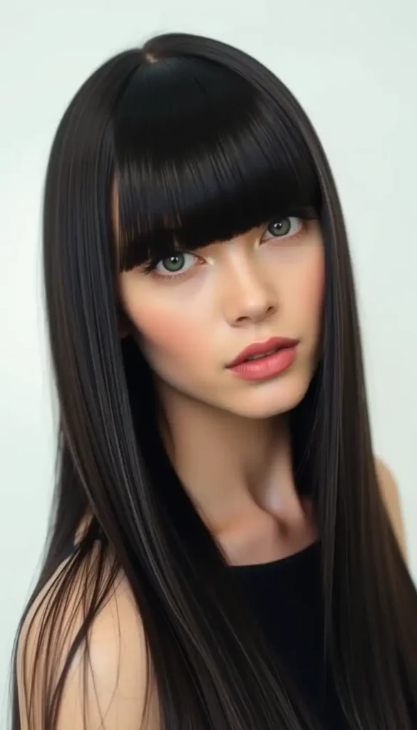 Long Straight Hair with Blunt Curtain Bangs