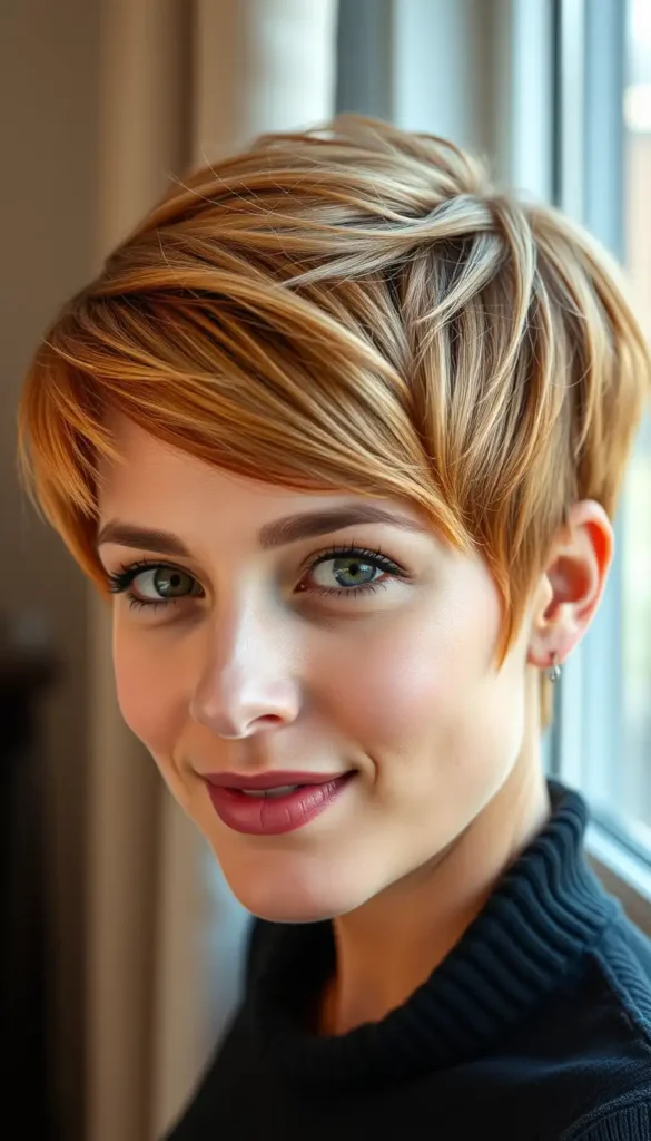 Pixie Cut with Warm Strawberry Blonde Tones