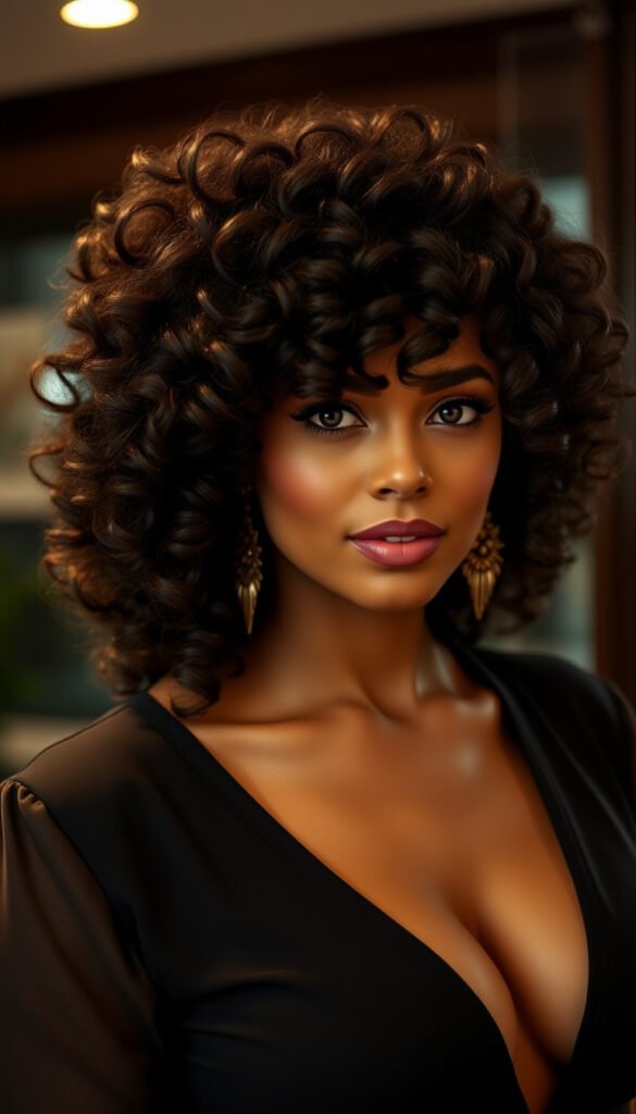 Voluminous Curls with Full Curtain Bangs