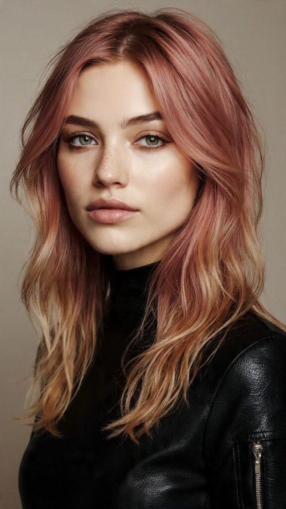Wavy Mid-Length Cut with Rose-Gold Strawberry Tones
