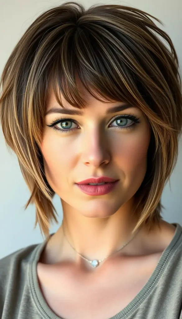 Wolf Cut with Curtain Bangs for Round Face