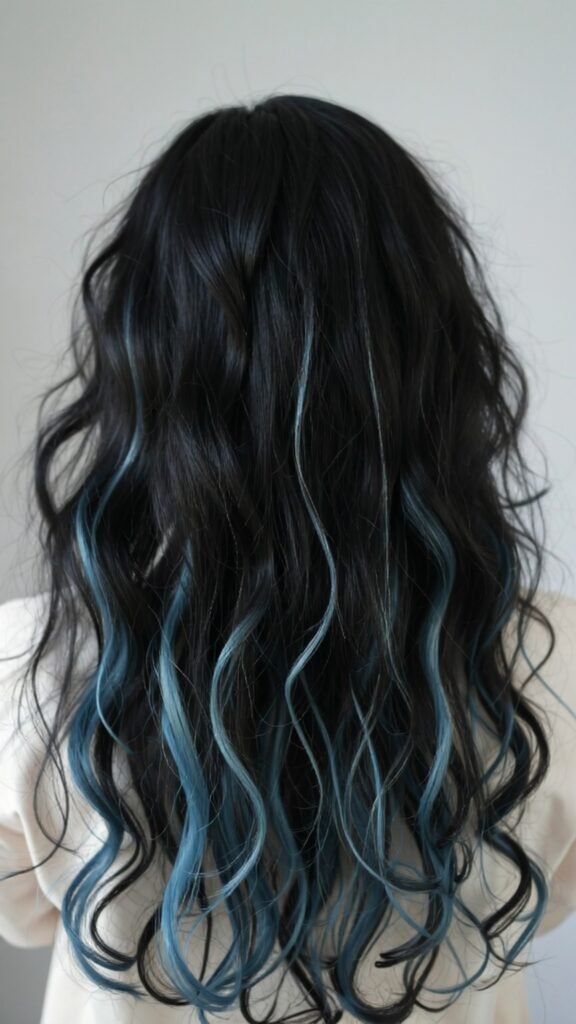 Black Hair with Pastel Blue Highlights