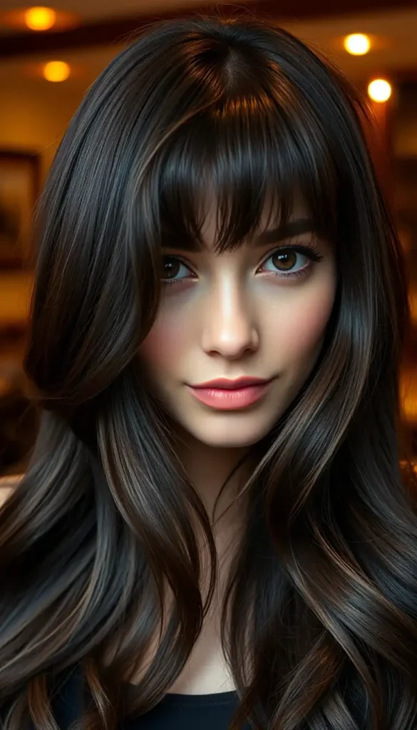 Long Brunette Hair with Curtain Bangs