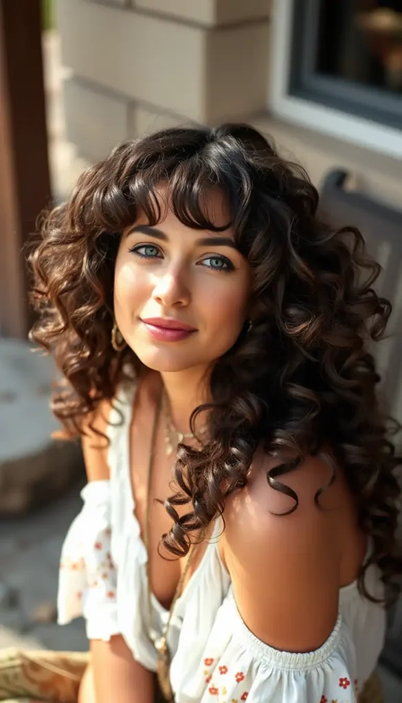 Long Curly Hair with Curtain Bangs