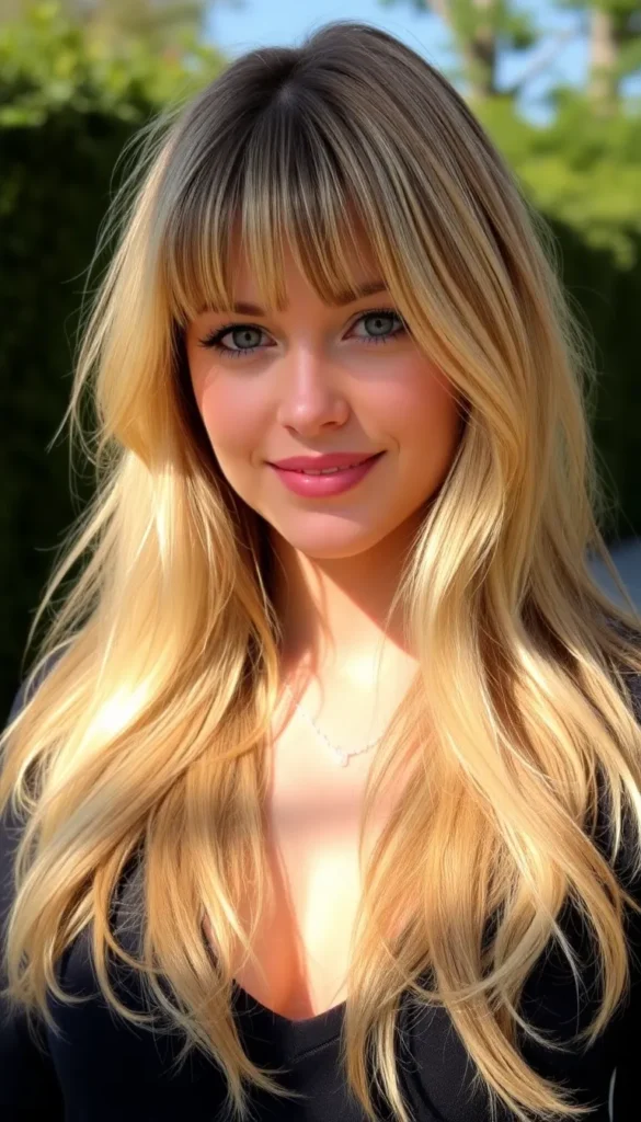 Long Hair with Curtain Bangs and Highlights