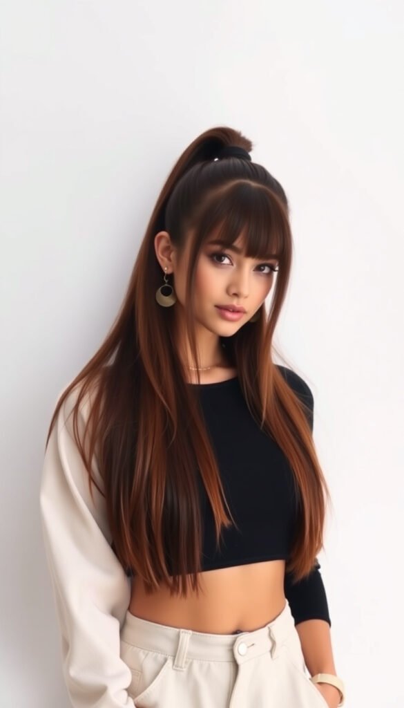 Long Hair with Curtain Bangs and Ponytail