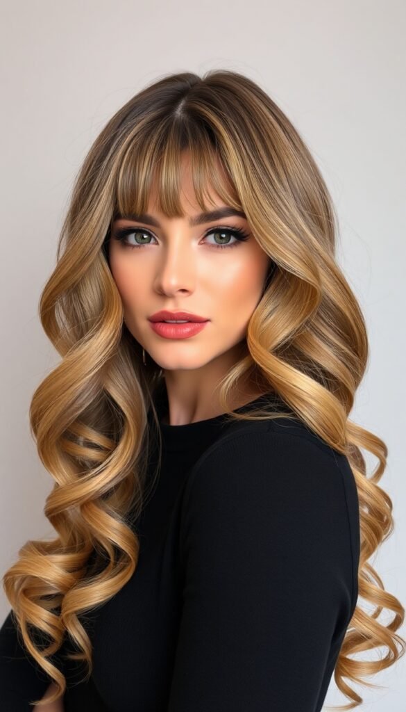 Long Layered Curtain Bangs with Loose Curls