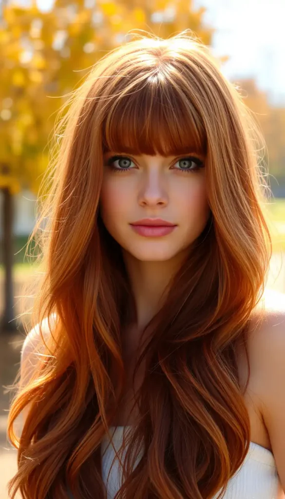 Long Red Hair with Curtain Bangs