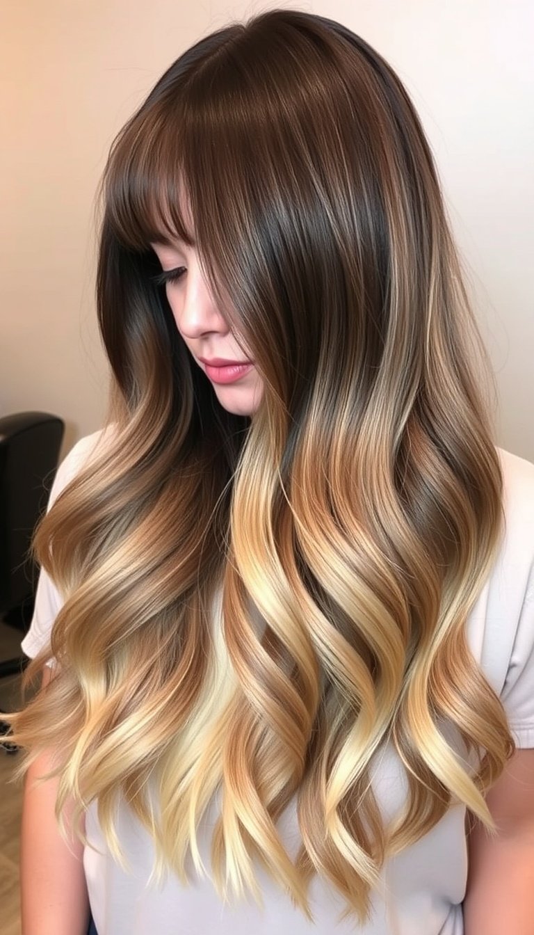 Long Hair with Curtain Bangs and Ombre Color